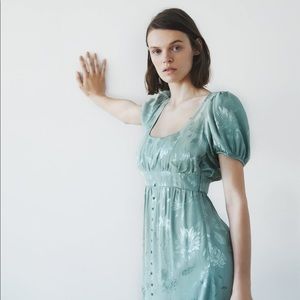 Zara Floral Jacquard Satin Puff Sleeve Dress Sea Green